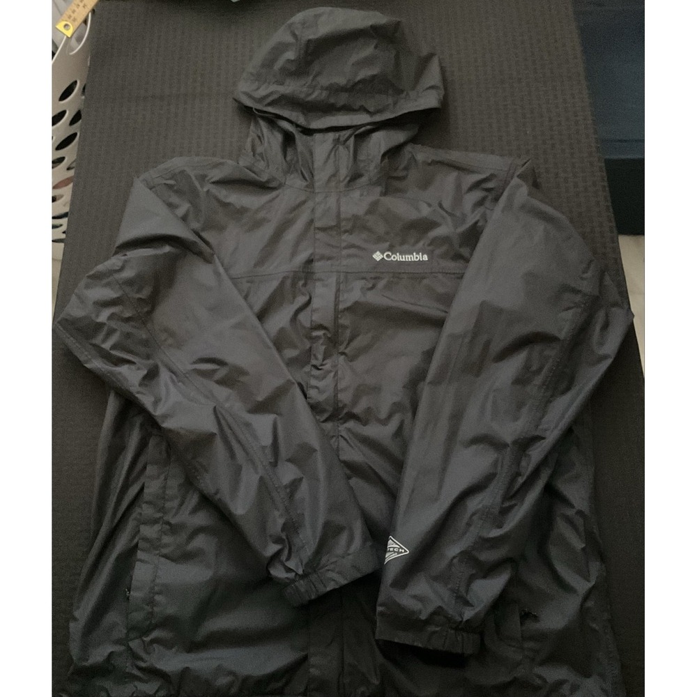 Columbia Omni-Tech Jacket Mens Large Black Hooded Waterproof Windbreaker Hiking